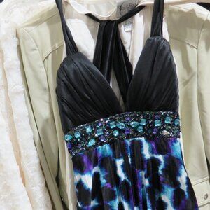 Stunning Beaded Cocktail dress by MY MICHELLE criss cross back jeweled waist